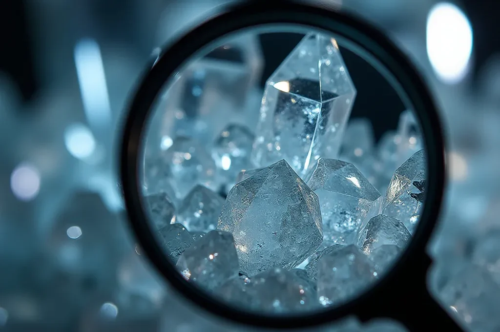 Loupe examinant des éléments abstraits révélant une structure complexe