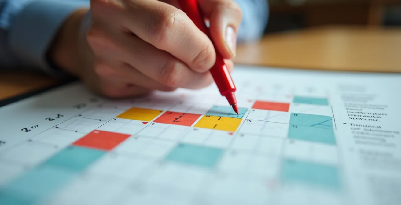 Main marquant une date importante sur un calendrier avec un marqueur rouge