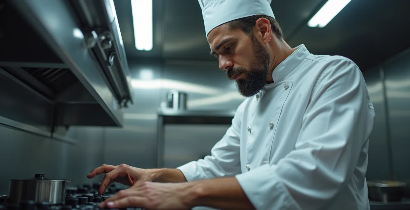 Chef professionnel vérifiant ses équipements de cuisine avec concentration