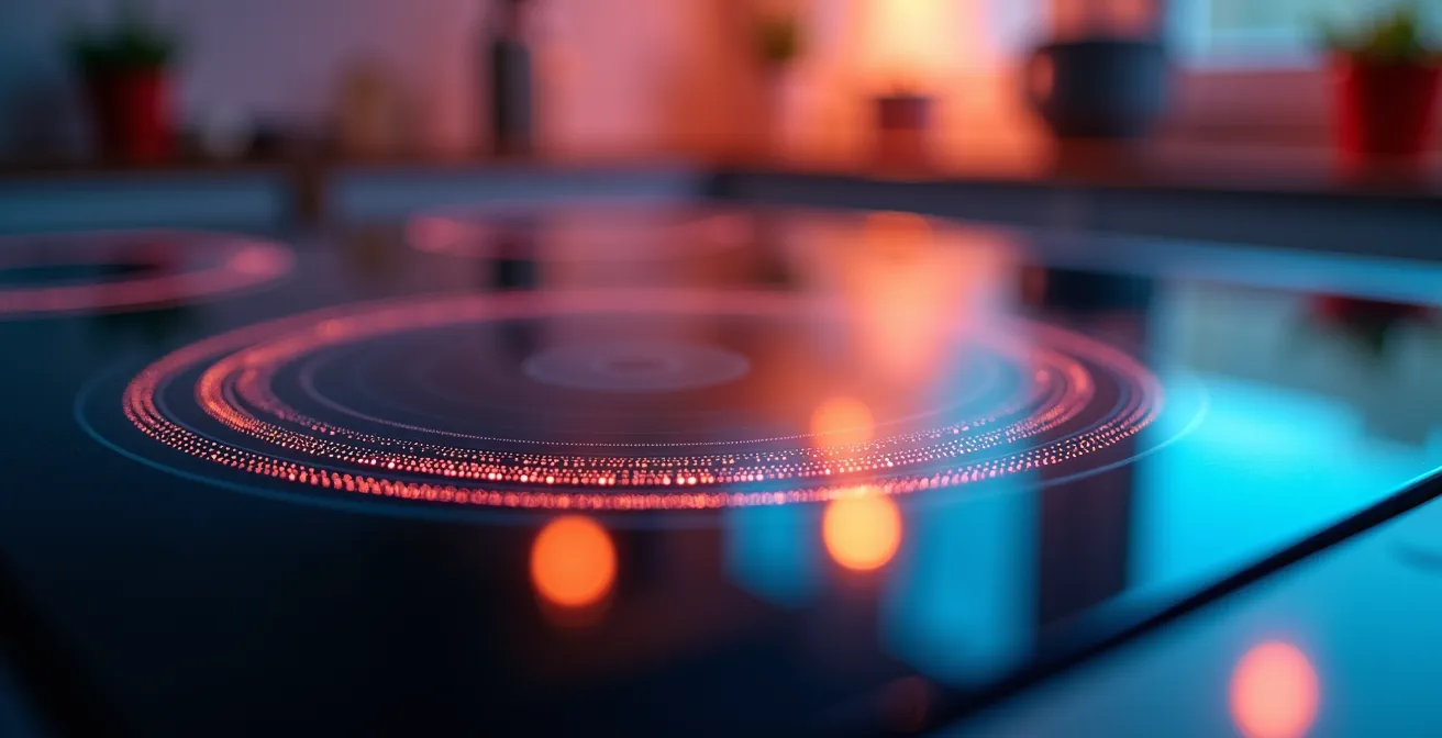 Vue macro d'une surface de plaque à induction avec reflets métalliques