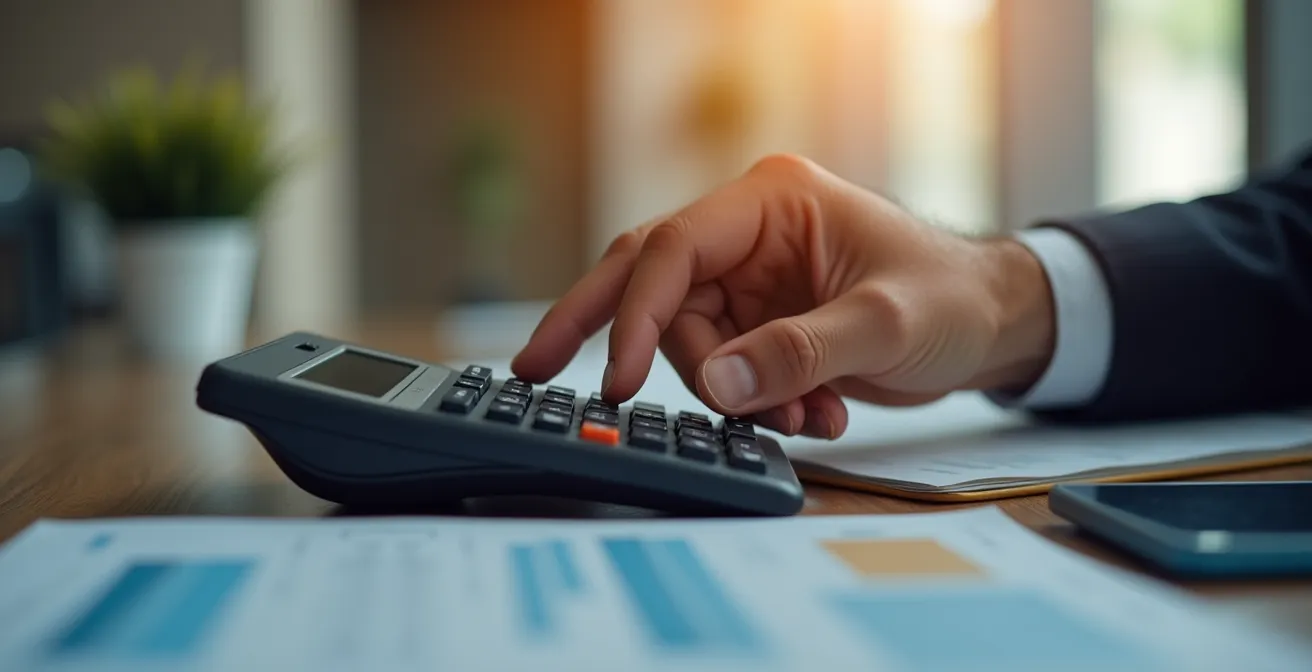 Main de professionnel utilisant une calculatrice dans un environnement de bureau