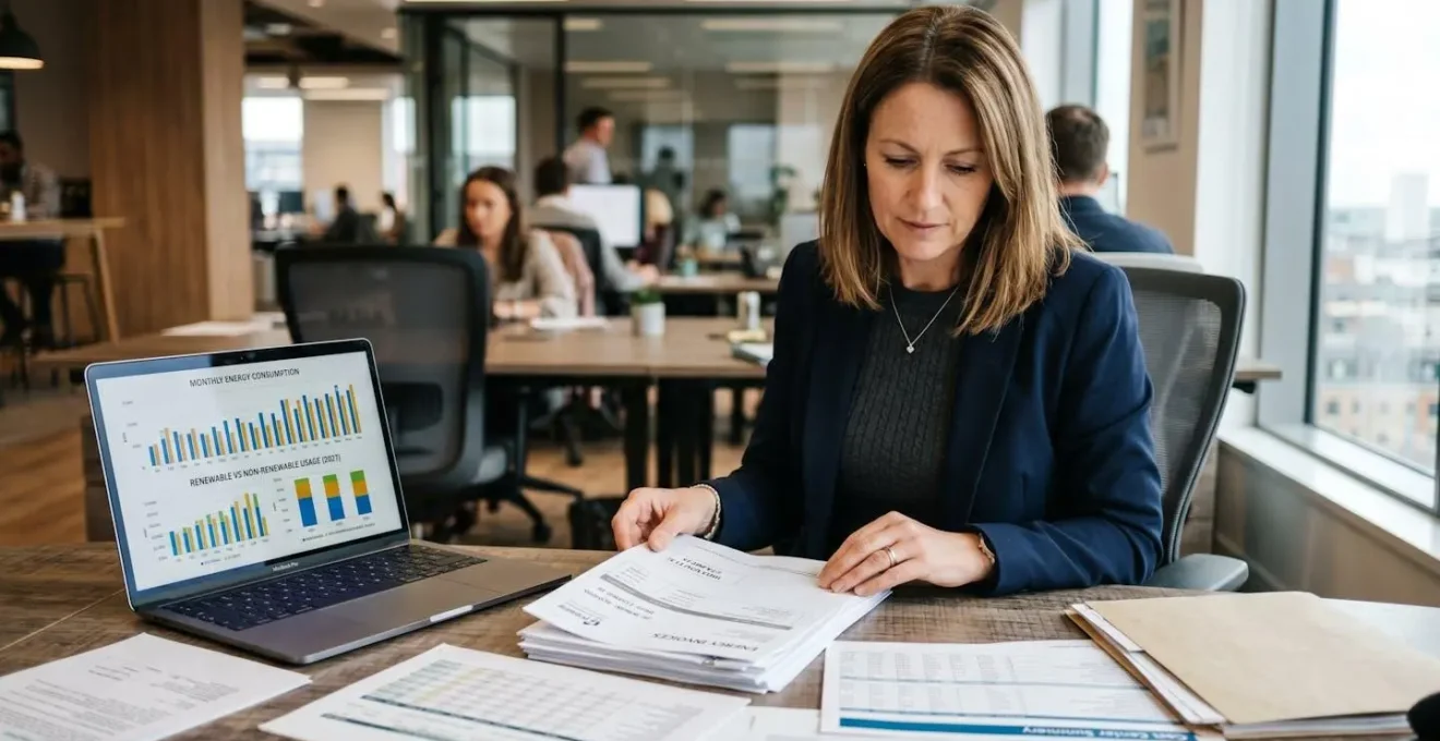 Responsable financier d'une PME analysant des factures d'énergie sur son bureau avec des graphiques de consommation